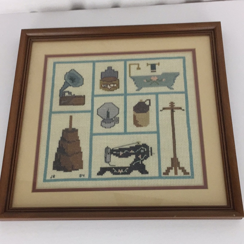 Vintage Embroidered Cross Stitch Old Times Professionally Matted and Framed